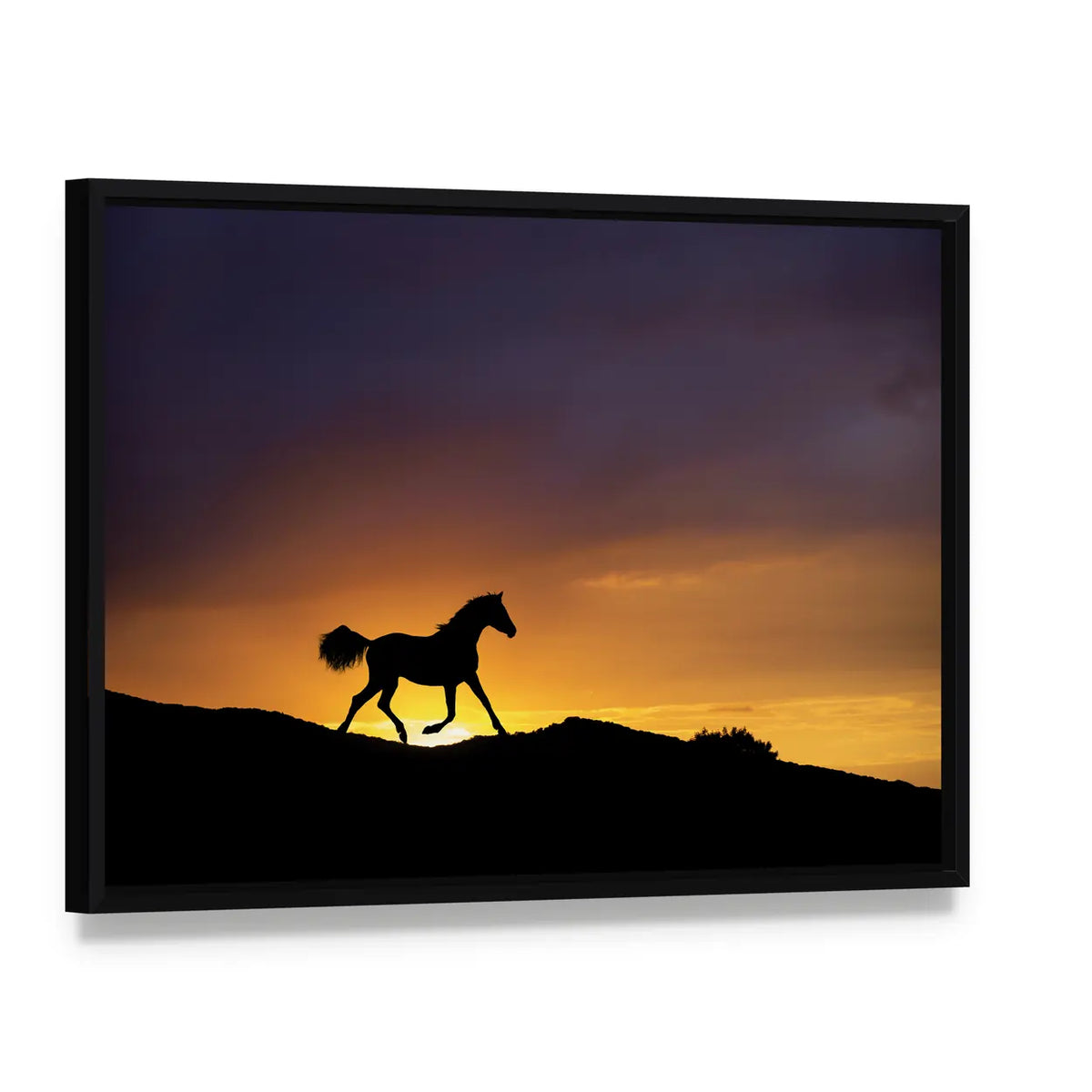 Galloping Horse Silhouette at Sunset Canvas Wall Art, framed canvas in a black floater frame, angled product view