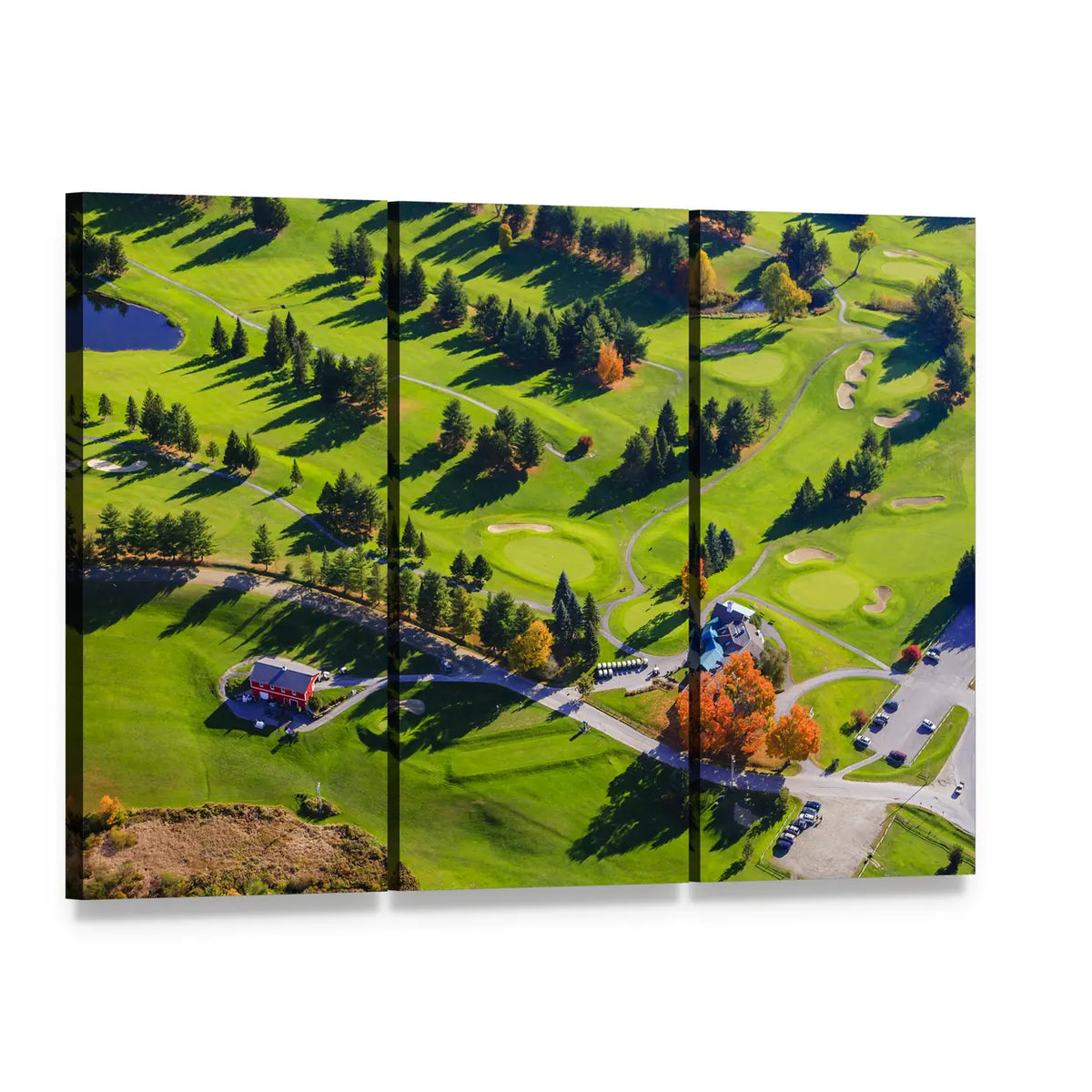 Aerial View of Golf Course in Fall Canvas Wall Art, 3 panel 3 Horizontal layout gallery wrapped canvas set, angled product view