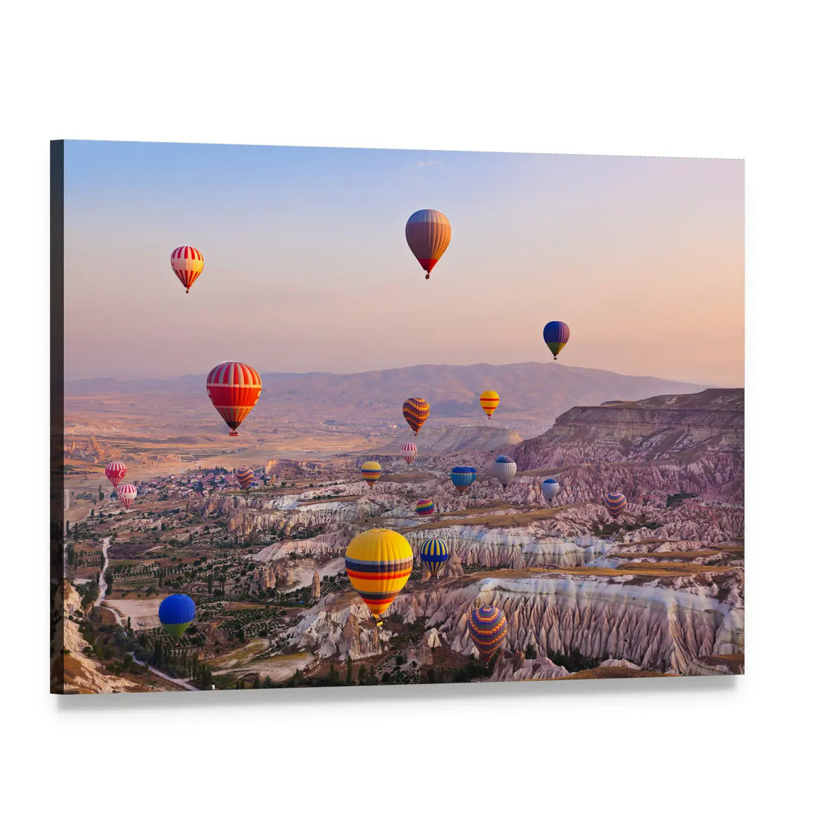 Hot Air Balloons Over Cappadocia Canvas Wall Art, single panel gallery wrapped canvas, angled product view