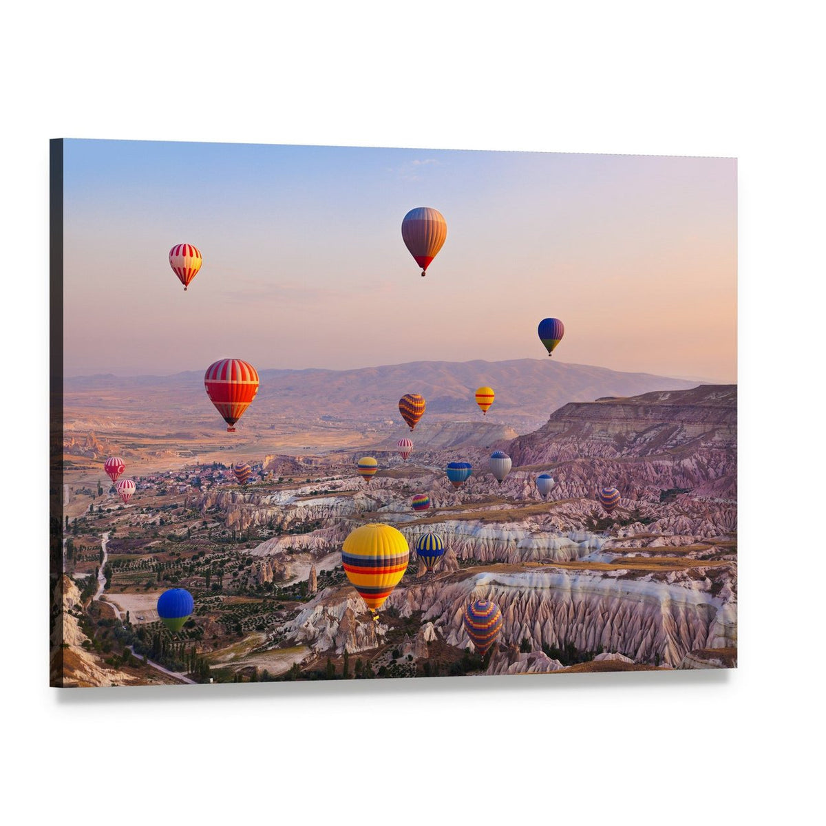 Hot Air Balloons Over Cappadocia Rocks Canvas Wall Art, single panel gallery wrapped canvas, angled product view