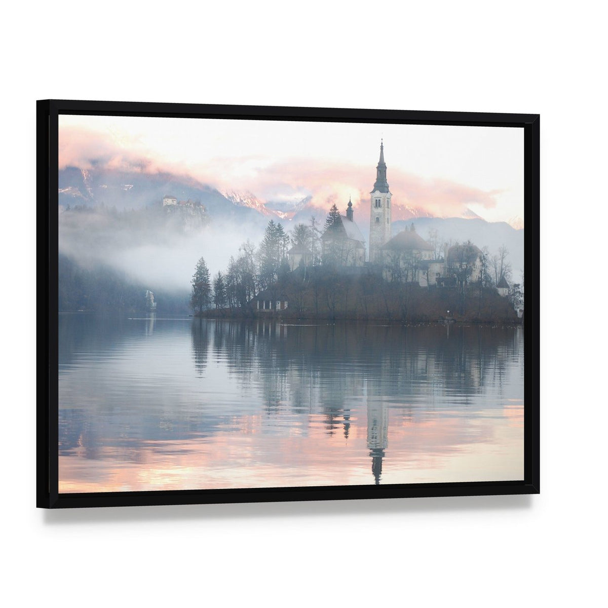Misty Evening at Bled Lake Canvas Wall Art, framed canvas in a black floater frame, angled product view