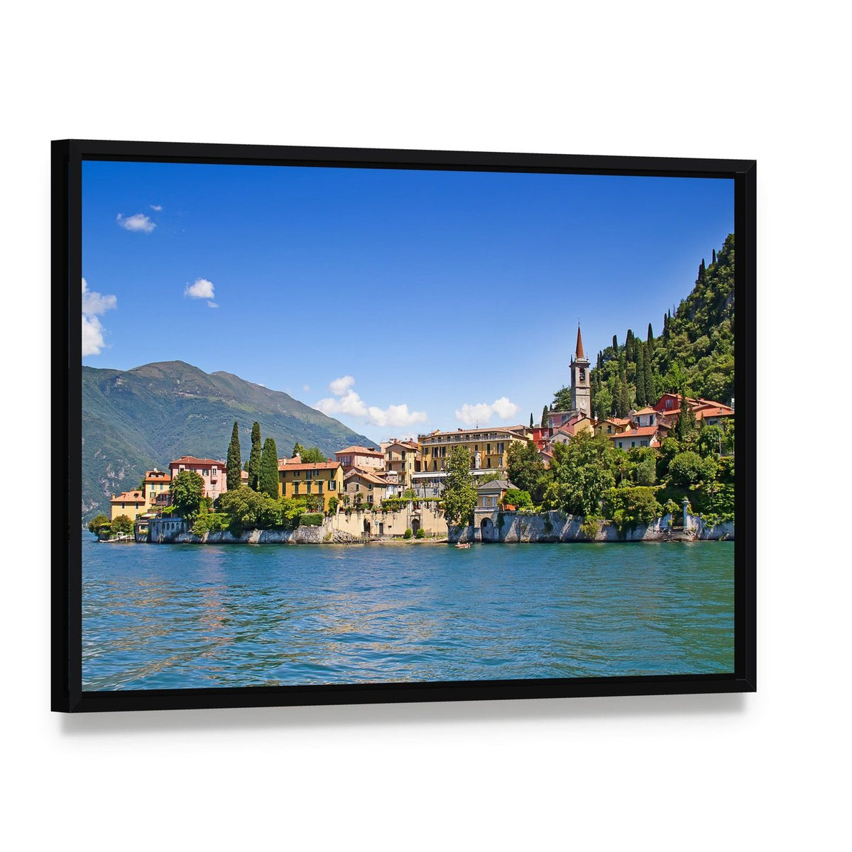 Cernobbio Town Lake Como Italy Canvas Wall Art, framed canvas in a black floater frame, angled product view