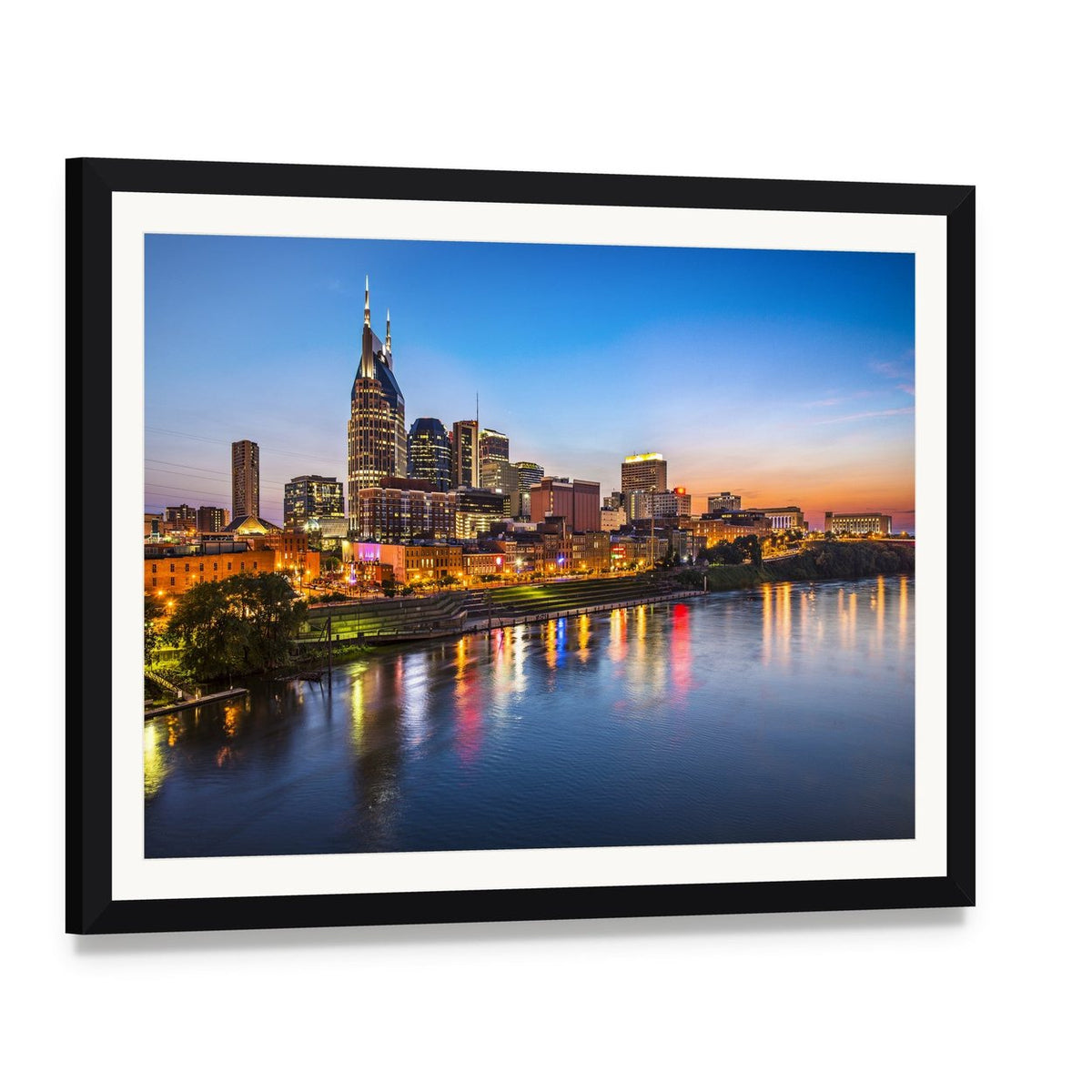 Nashville City Skyline at Sunset Canvas Wall Art, framed print with white mat and black frame, angled product view