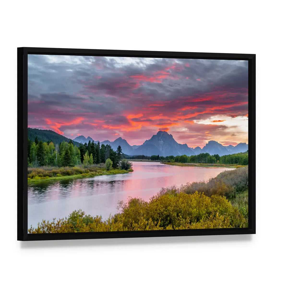 Sunset Over Grand Tetons Canvas Wall Art, framed canvas in a black floater frame, angled product view