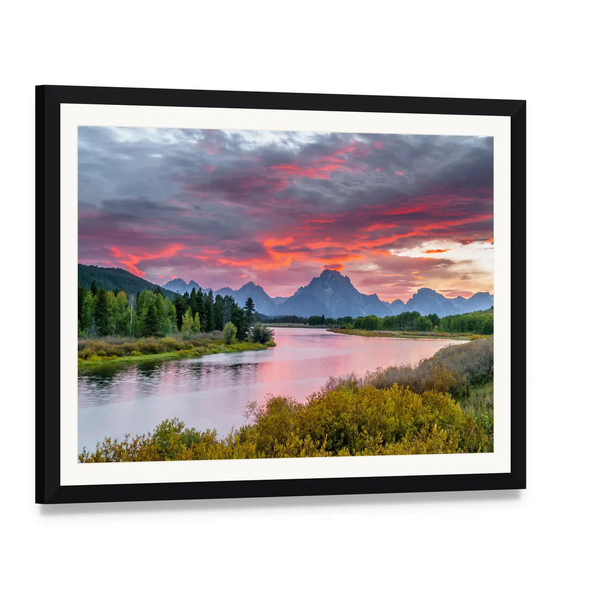 Sunset Over Grand Tetons Canvas Wall Art, framed print with white mat and black frame, angled product view