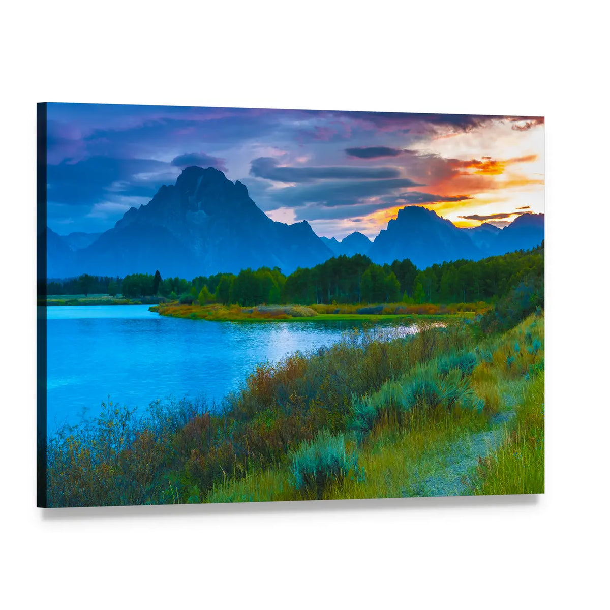 Oxbow Bend Turnout Sunset Landscape Canvas Wall Art, single panel gallery wrapped canvas, angled product view