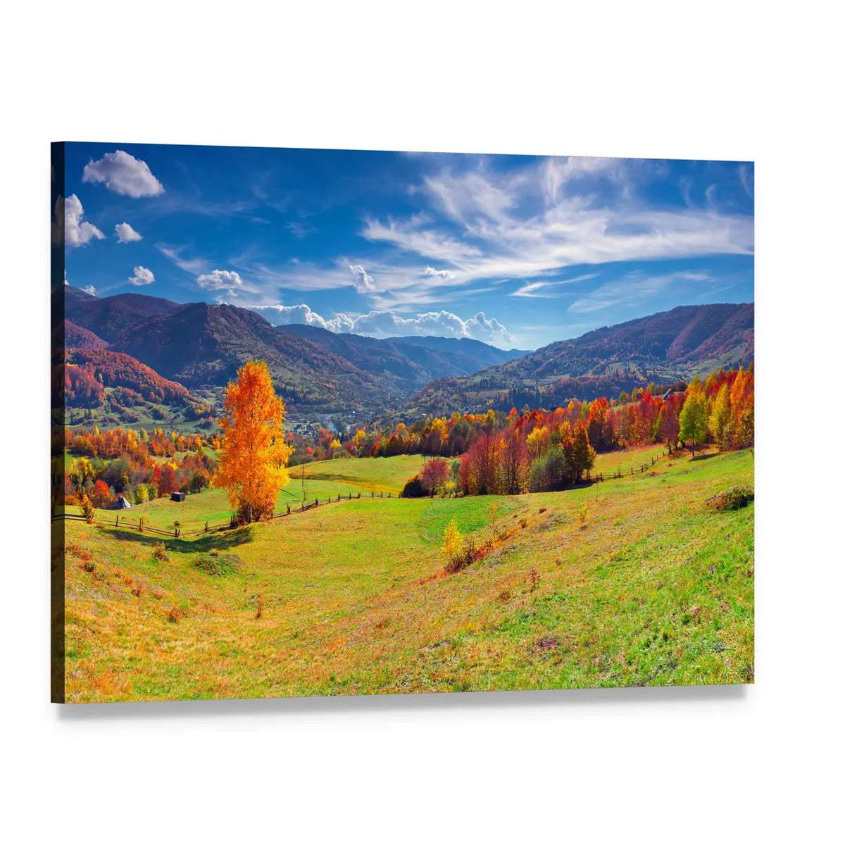Autumn Mountain Village Canvas Wall Art, single panel gallery wrapped canvas, angled product view
