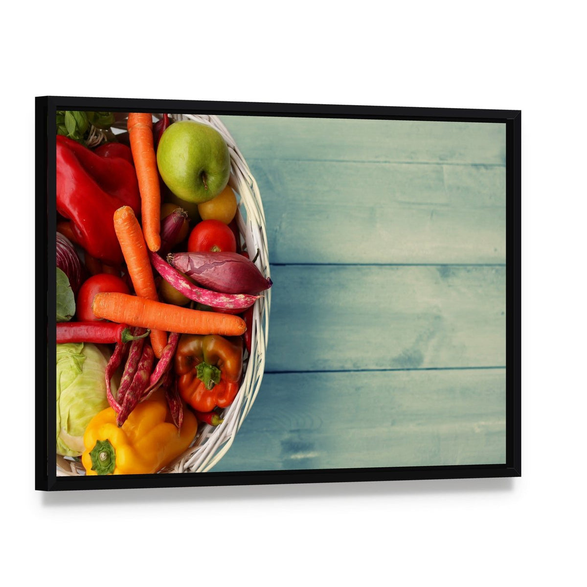 White Basket with Colorful Vegetables Canvas Wall Art, framed canvas in a black floater frame, angled product view