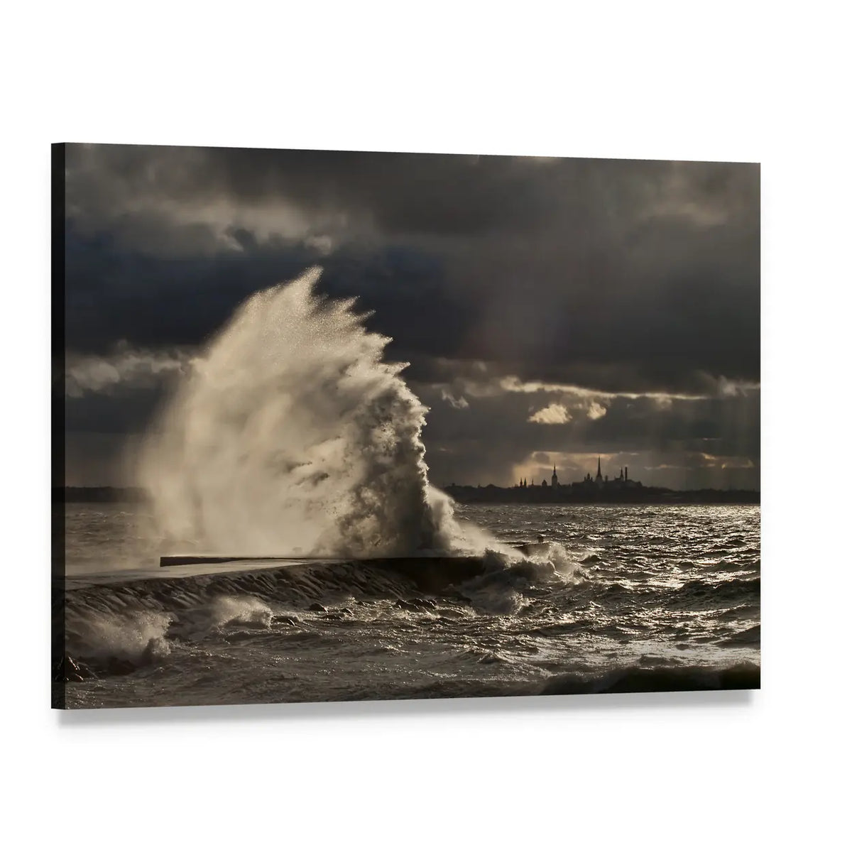 Pier in Stormy Weather Canvas Wall Art, single panel gallery wrapped canvas, angled product view