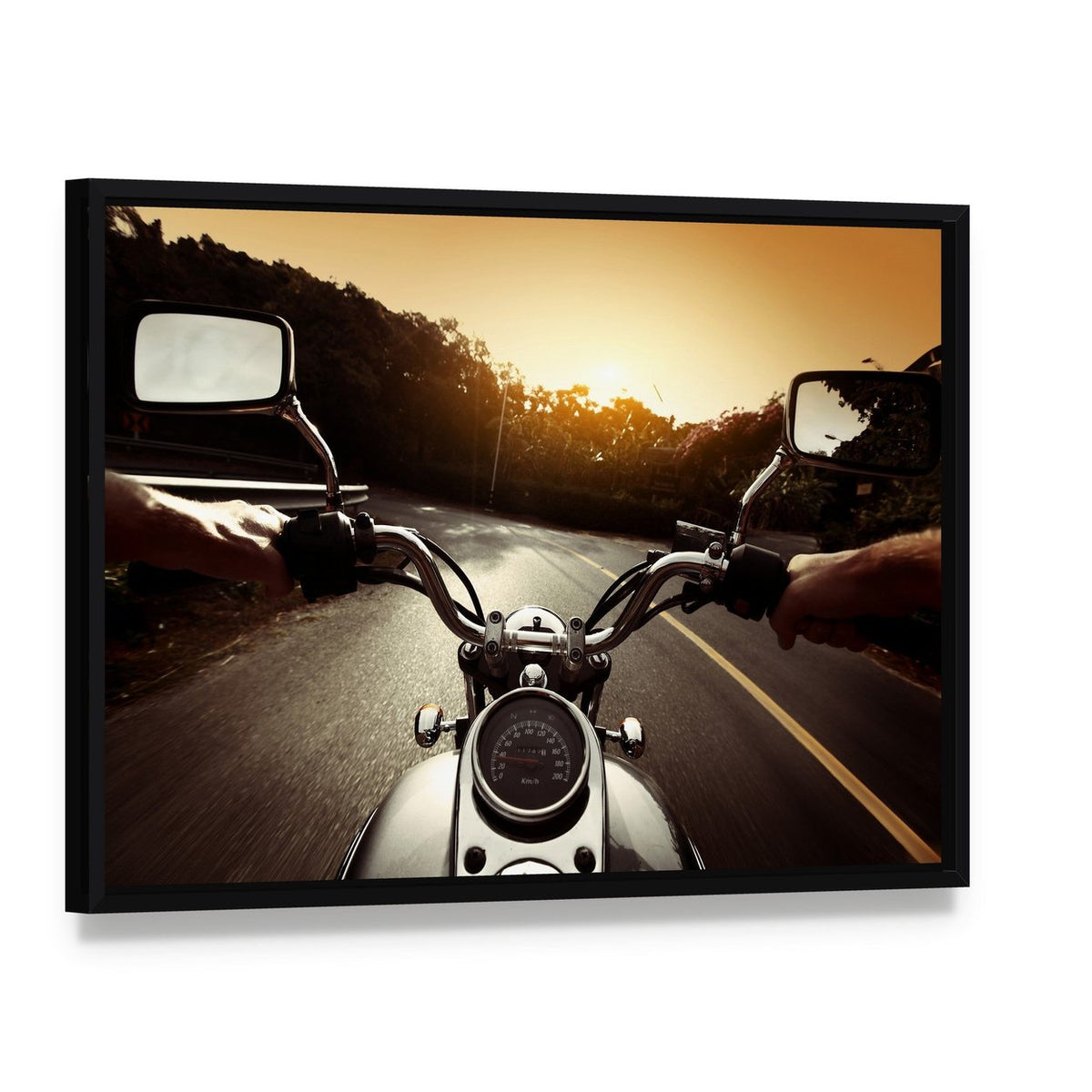 Driver Riding Motorcycle Canvas Wall Art, framed canvas in a black floater frame, angled product view