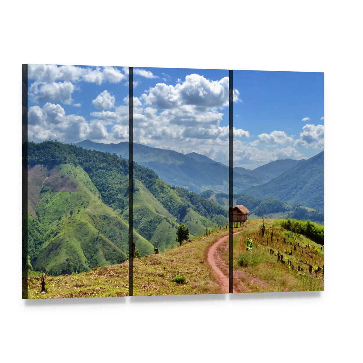 Winding Dirt Road to Small Wooden Hut Canvas Wall Art, 3 panel 3 Horizontal layout gallery wrapped canvas set, angled product view
