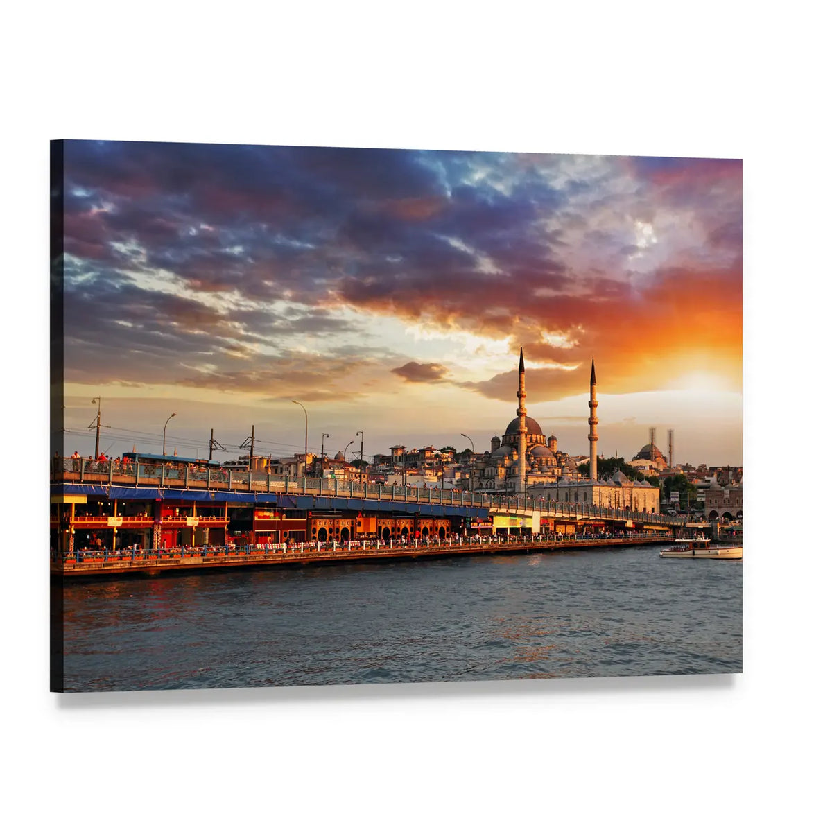 Istanbul Sunset Over Bridge and Mosque Canvas Wall Art, single panel gallery wrapped canvas, angled product view
