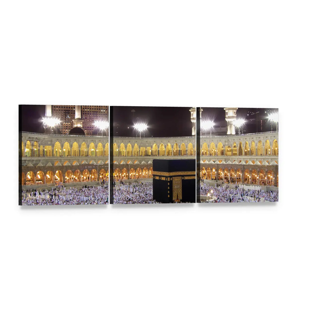 Night View of the Kaaba Panoramic Canvas Wall Art, 3 panel 3 Piece layout gallery wrapped canvas set, angled product view