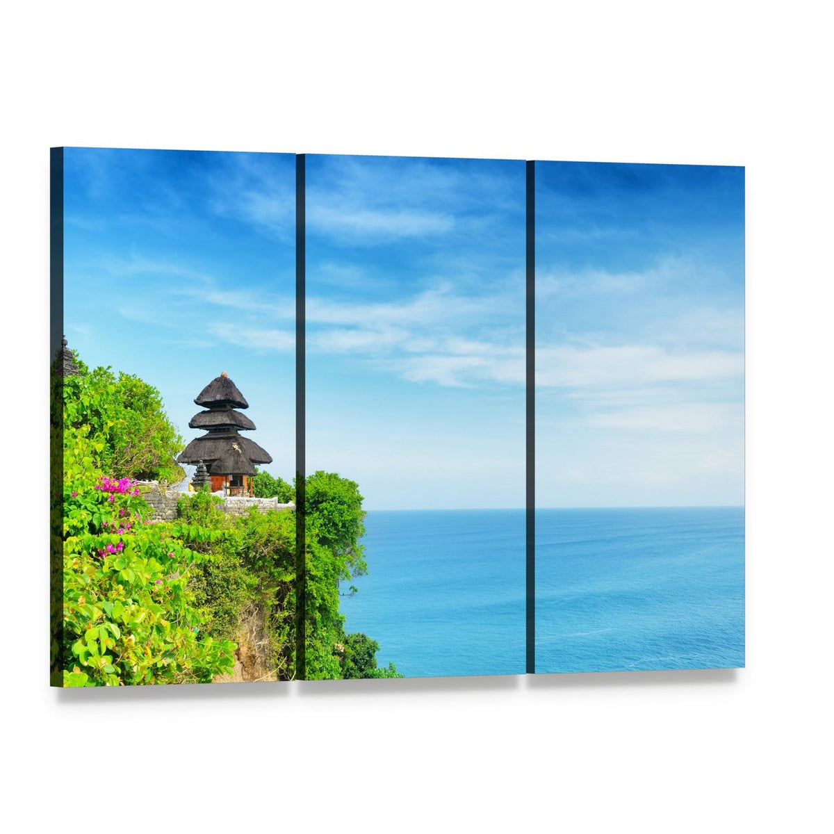 Uluwatu Cliffside Temple Canvas Wall Art, 3 panel 3 Horizontal layout gallery wrapped canvas set, angled product view