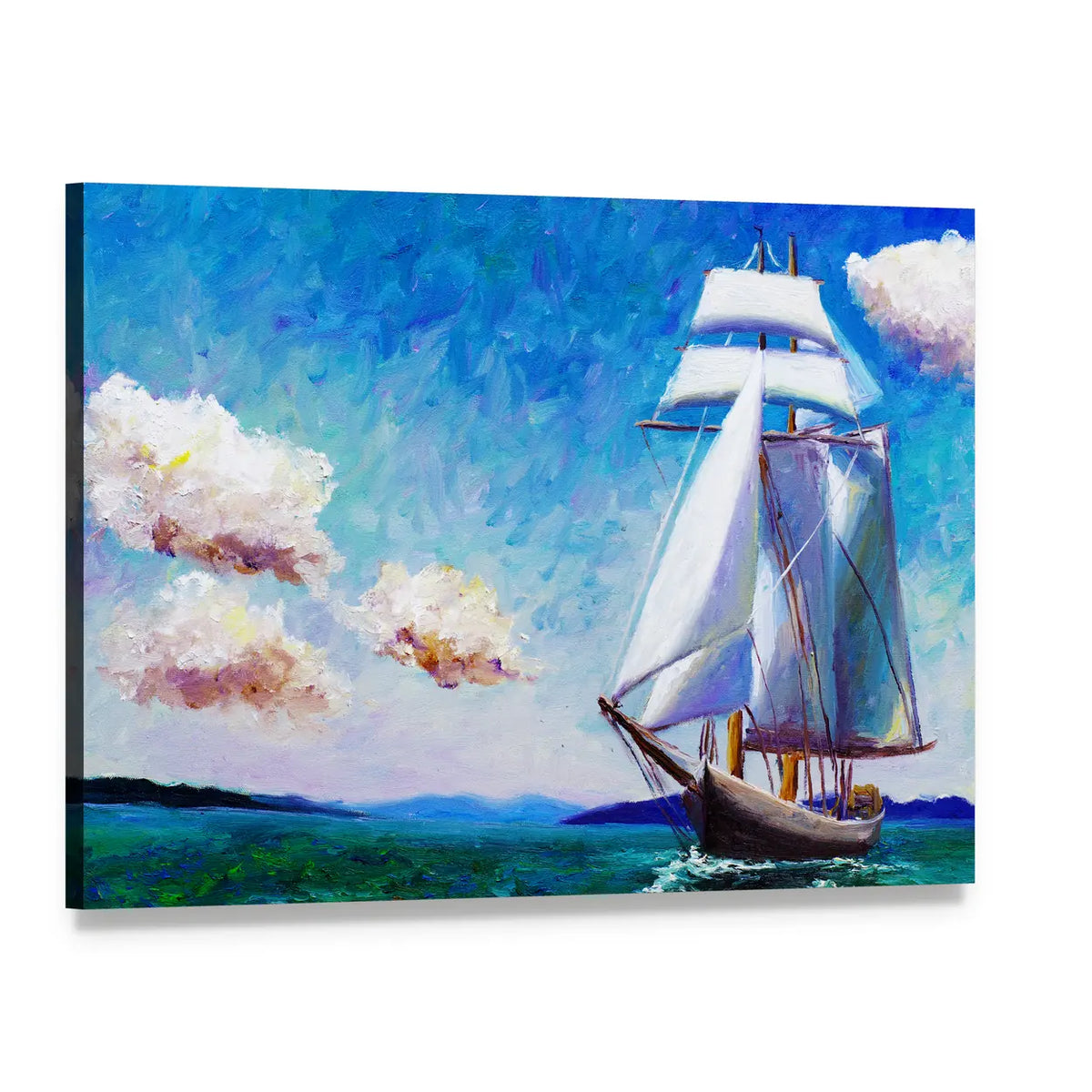 Oil Painted Sailing Ship Canvas Wall Art, single panel gallery wrapped canvas, angled product view