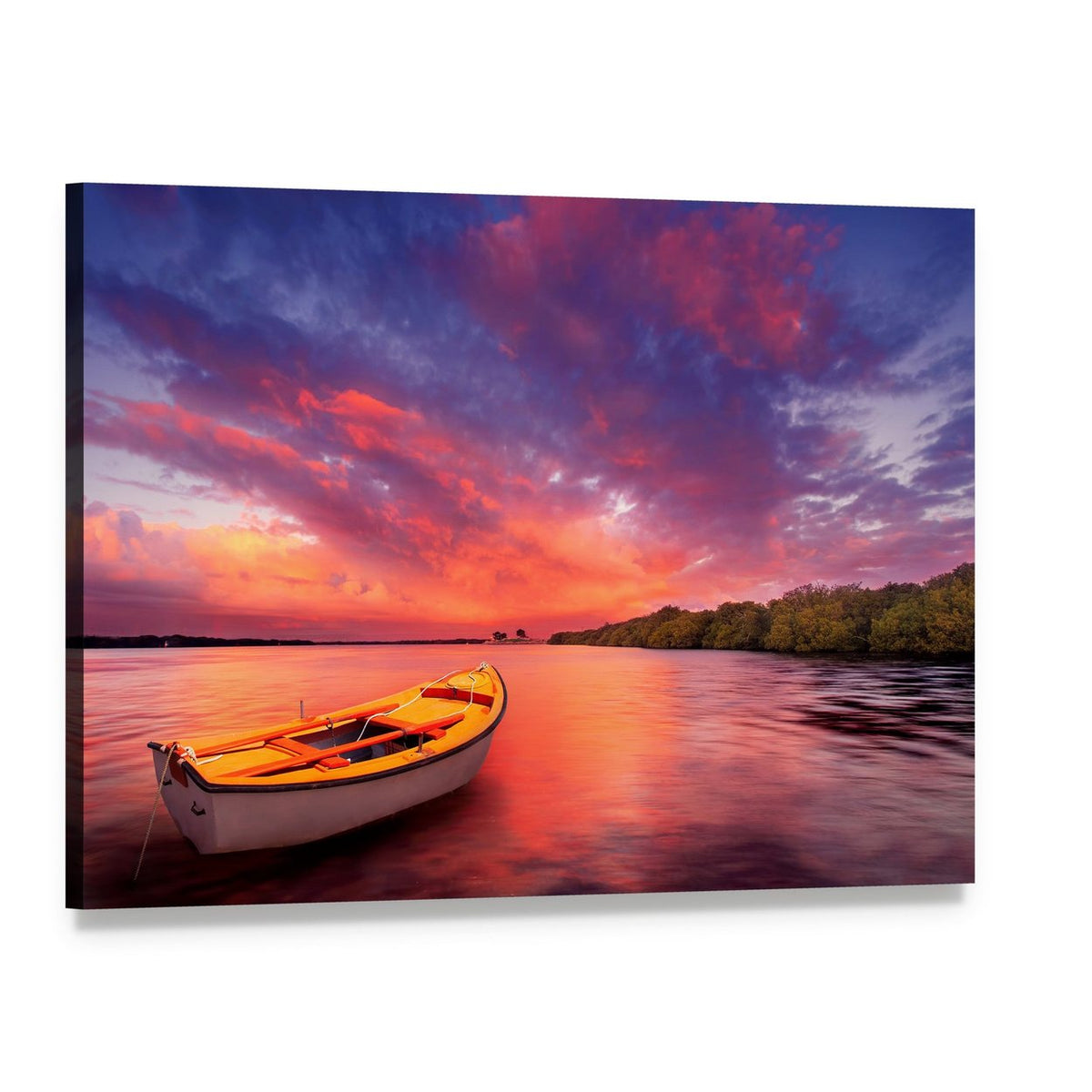 Rowboat at Sunset on Lake Canvas Wall Art, single panel gallery wrapped canvas, angled product view