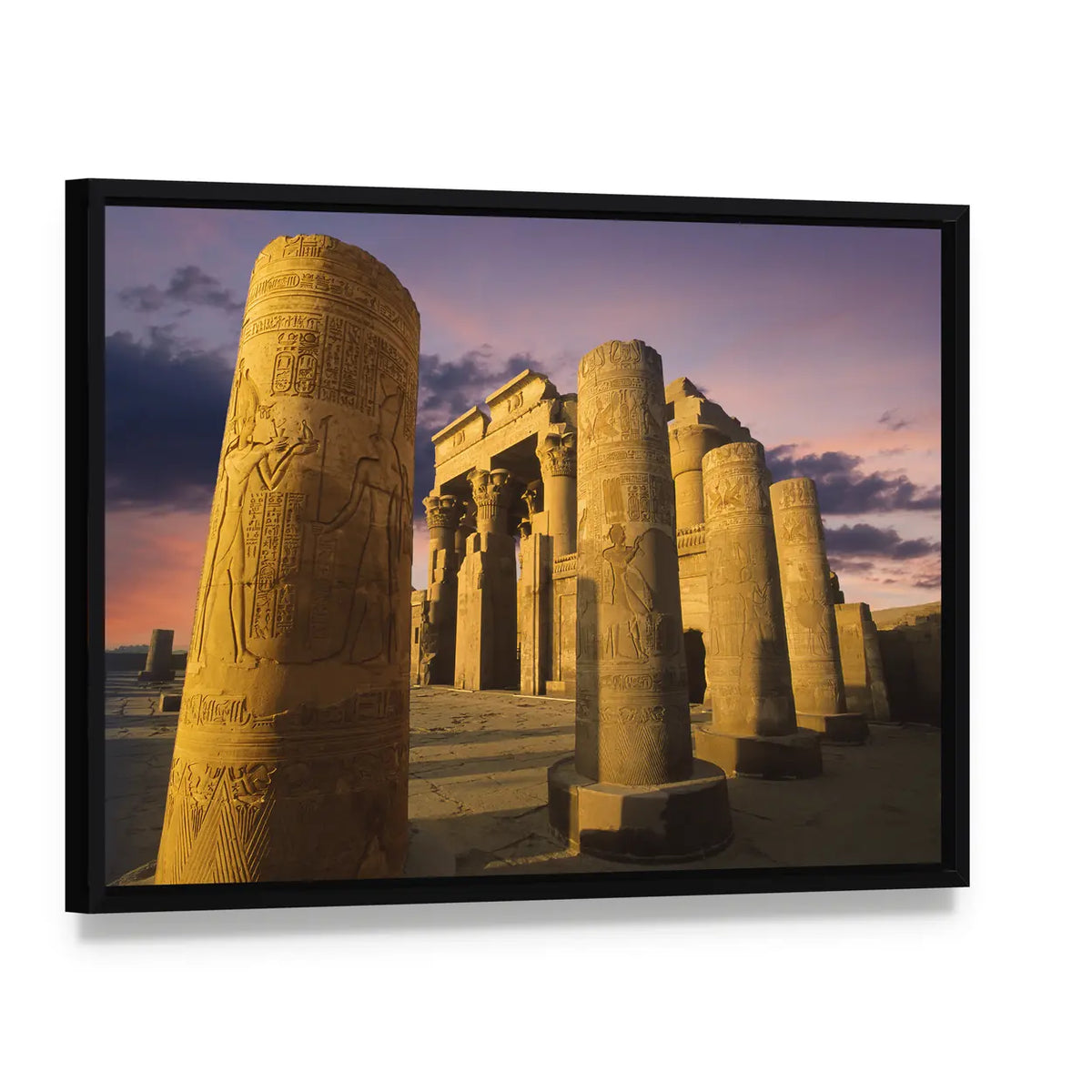 Kom Ombo Temple at Sunset Canvas Wall Art, framed canvas in a black floater frame, angled product view