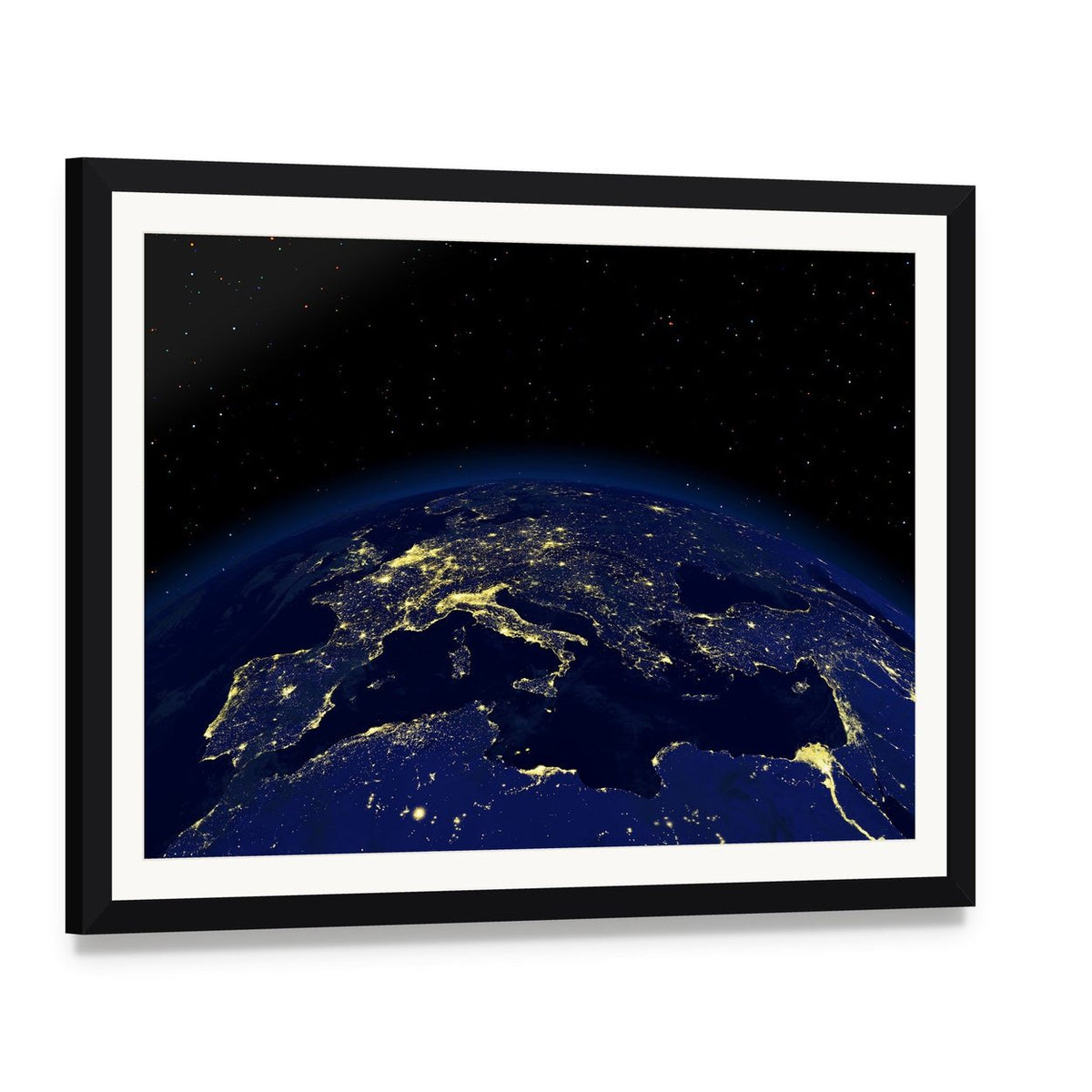 Earth at Night Canvas Wall Art, framed print with white mat and black frame, angled product view