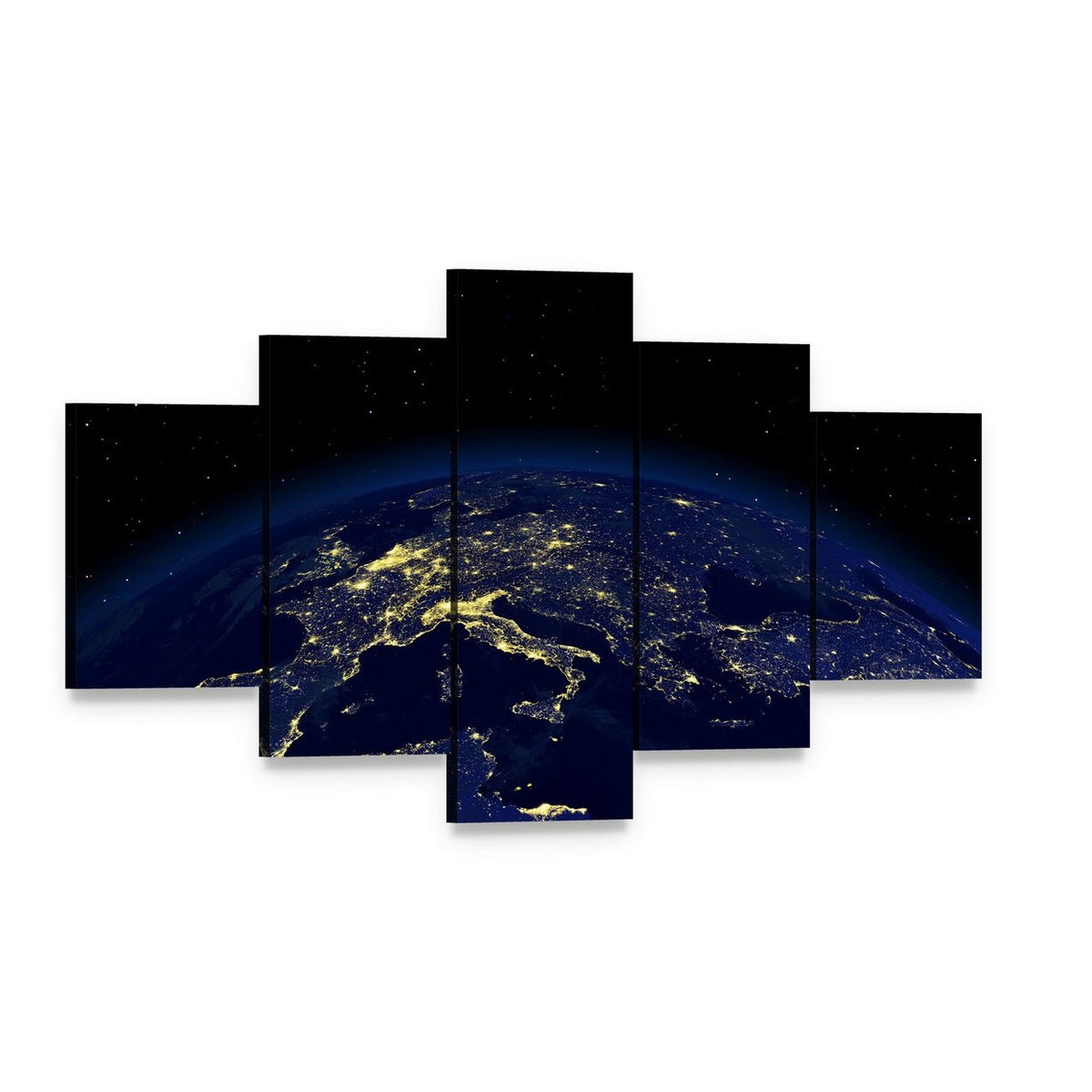 Earth at Night Canvas Wall Art, 5 panel 5 Star layout gallery wrapped canvas set, angled product view