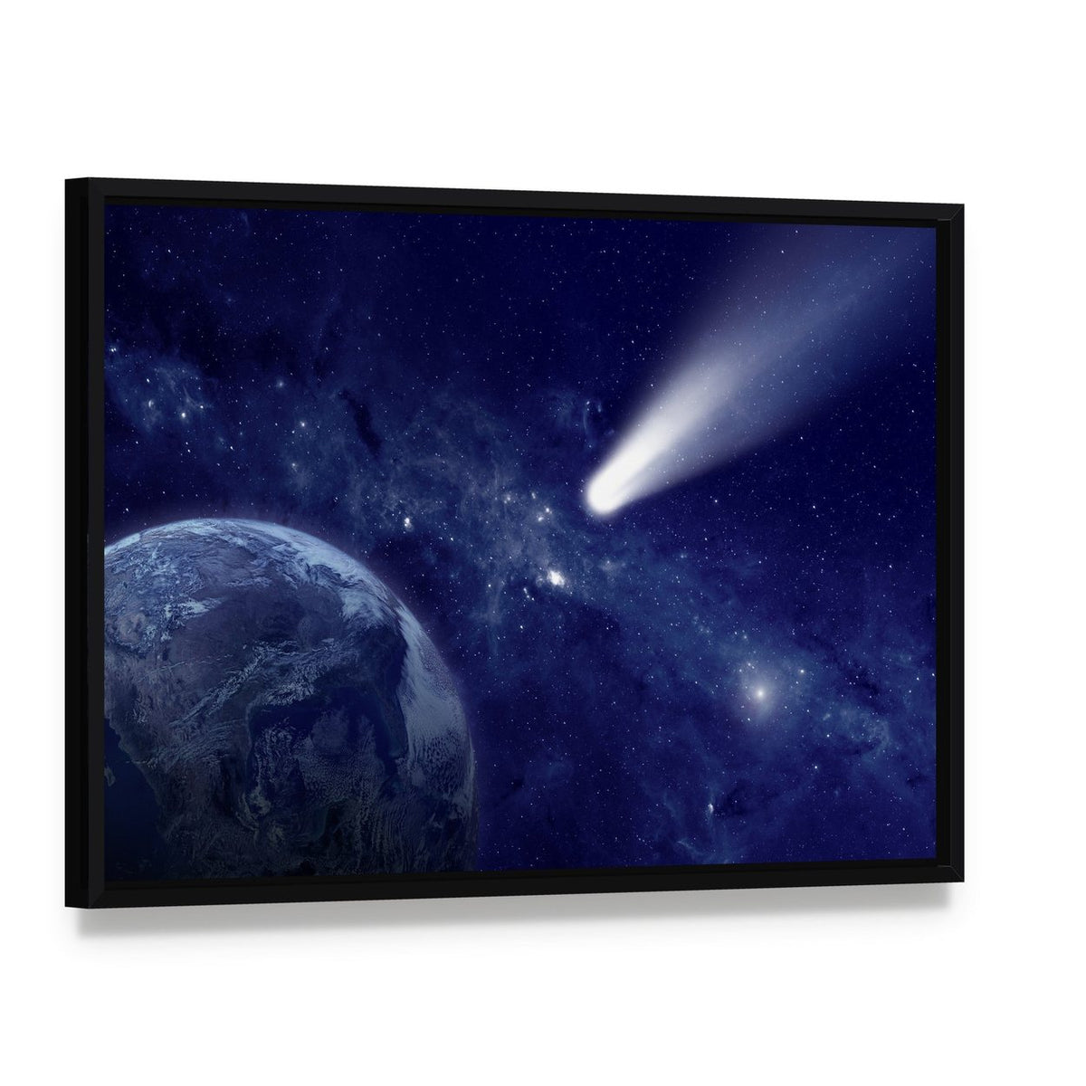 Comet Approaching Planet Canvas Wall Art, framed canvas in a black floater frame, angled product view