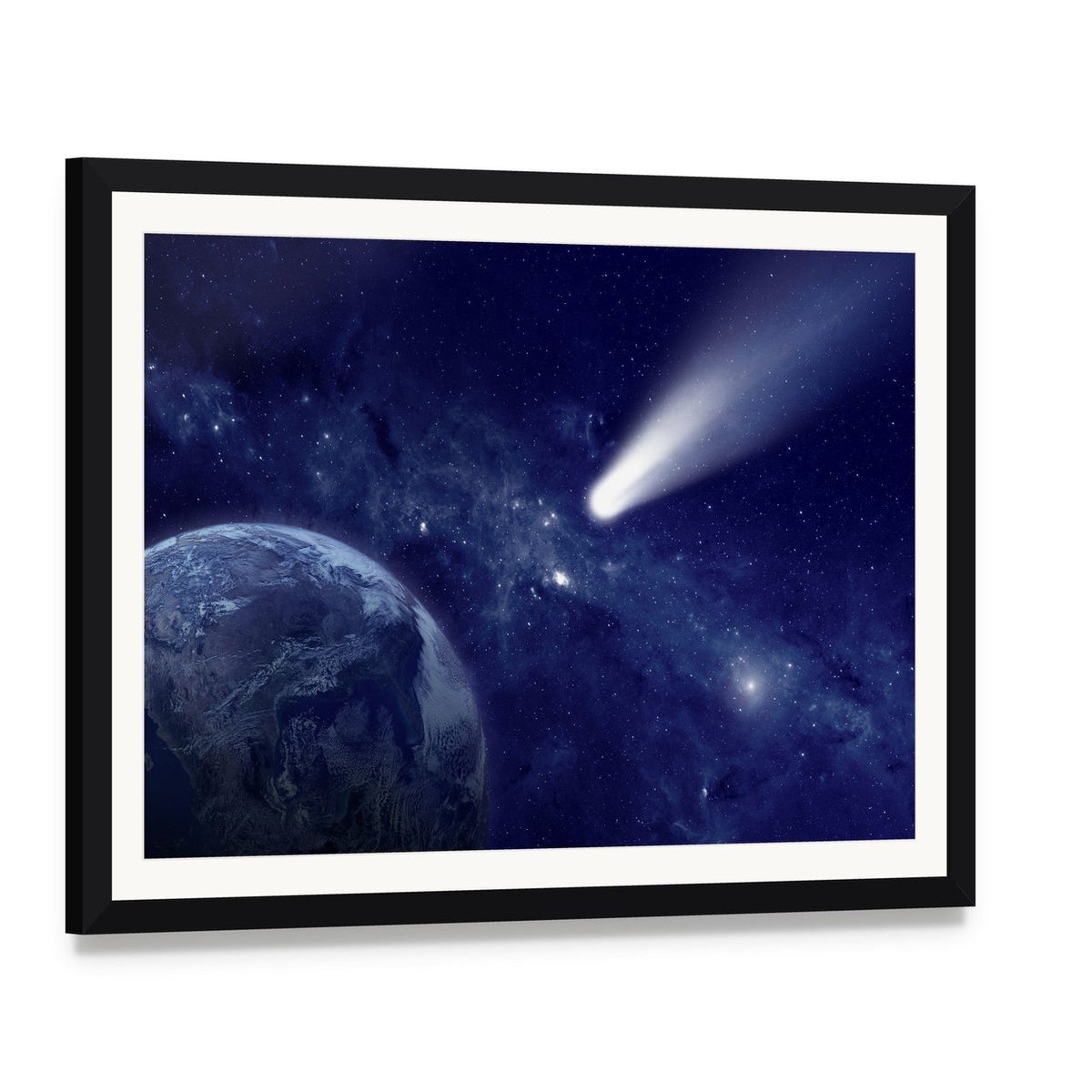 Comet Approaching Planet Canvas Wall Art, framed print with white mat and black frame, angled product view