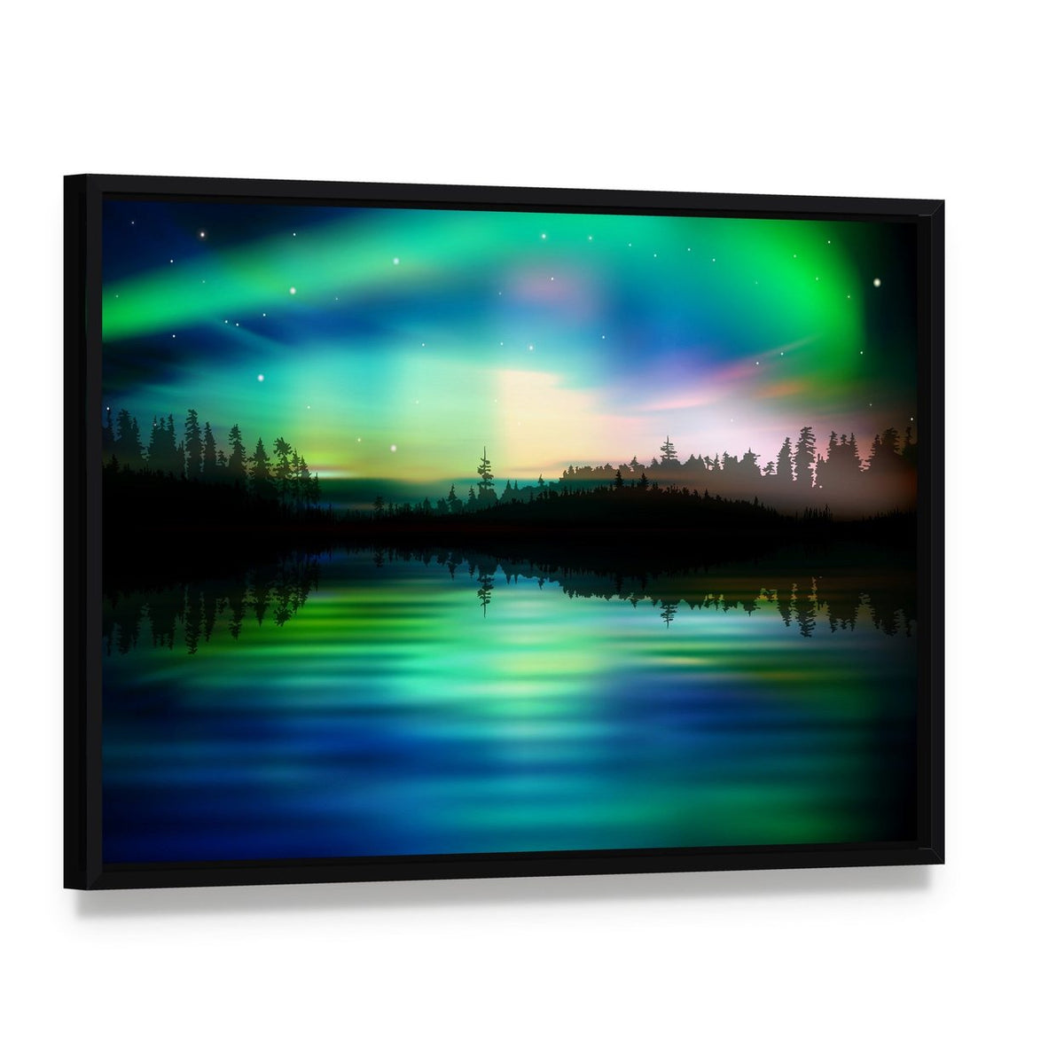 Aurora Borealis Reflection Canvas Wall Art, framed canvas in a black floater frame, angled product view