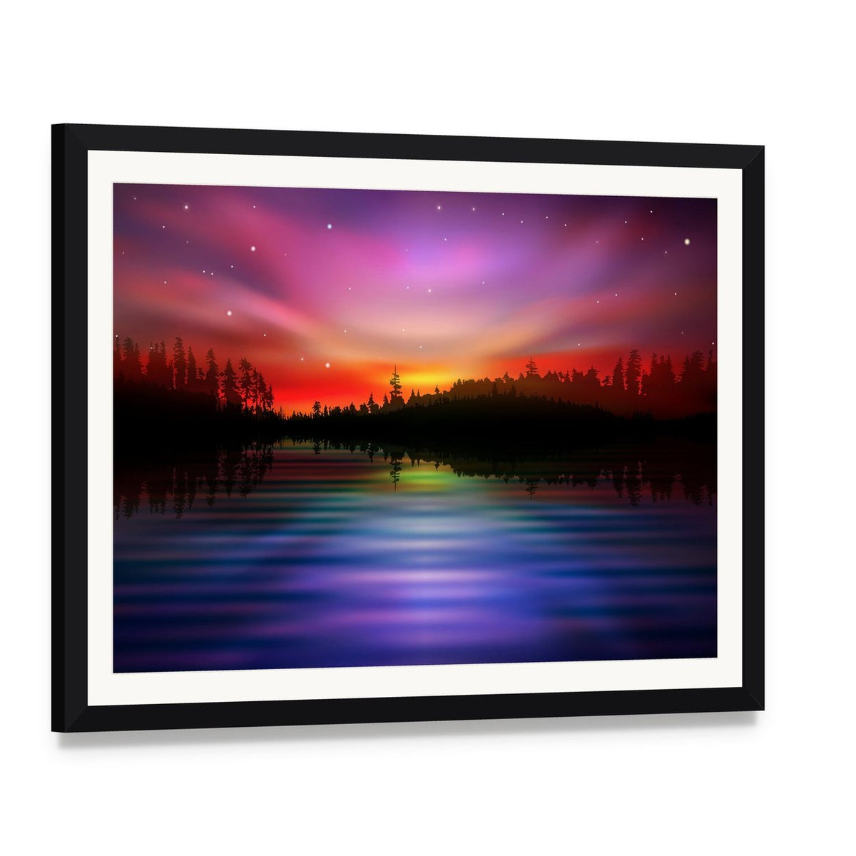 Pink Aurora Borealis Canvas Wall Art, framed print with white mat and black frame, angled product view