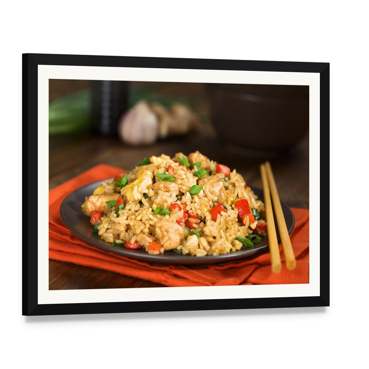 Chinese Chicken Fried Rice Canvas Wall Art, framed print with white mat and black frame, angled product view