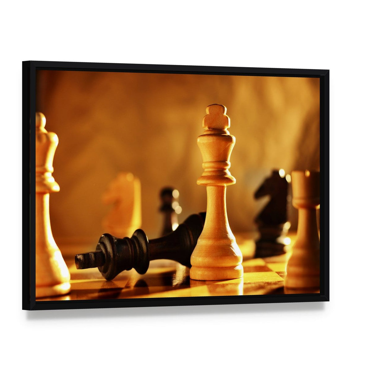 Winner and Loser Kings in Chess Game Canvas Wall Art, framed canvas in a black floater frame, angled product view