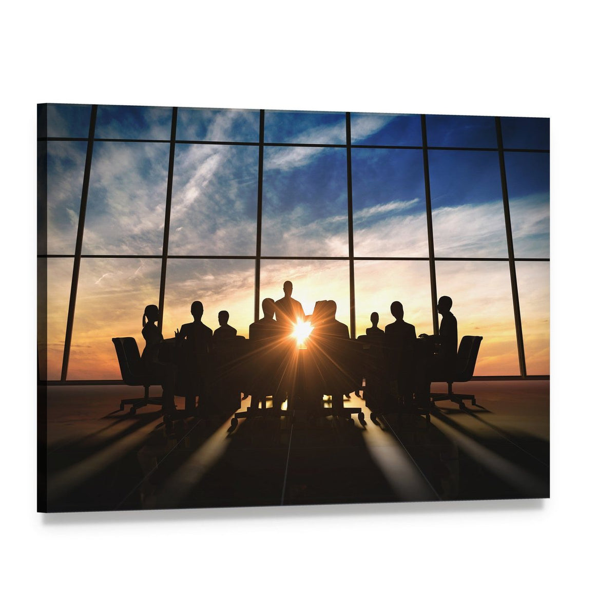Management Team Silhouette at Sunset Canvas Wall Art, single panel gallery wrapped canvas, angled product view