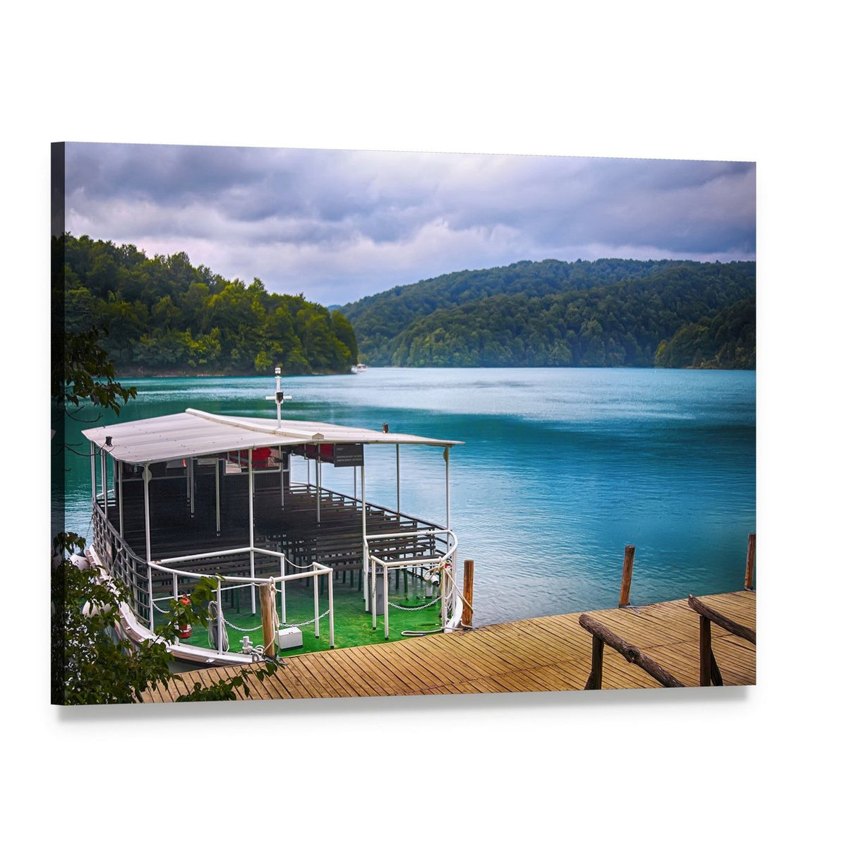 Lakeside Boat at Plitvice, Croatia Canvas Wall Art, single panel gallery wrapped canvas, angled product view