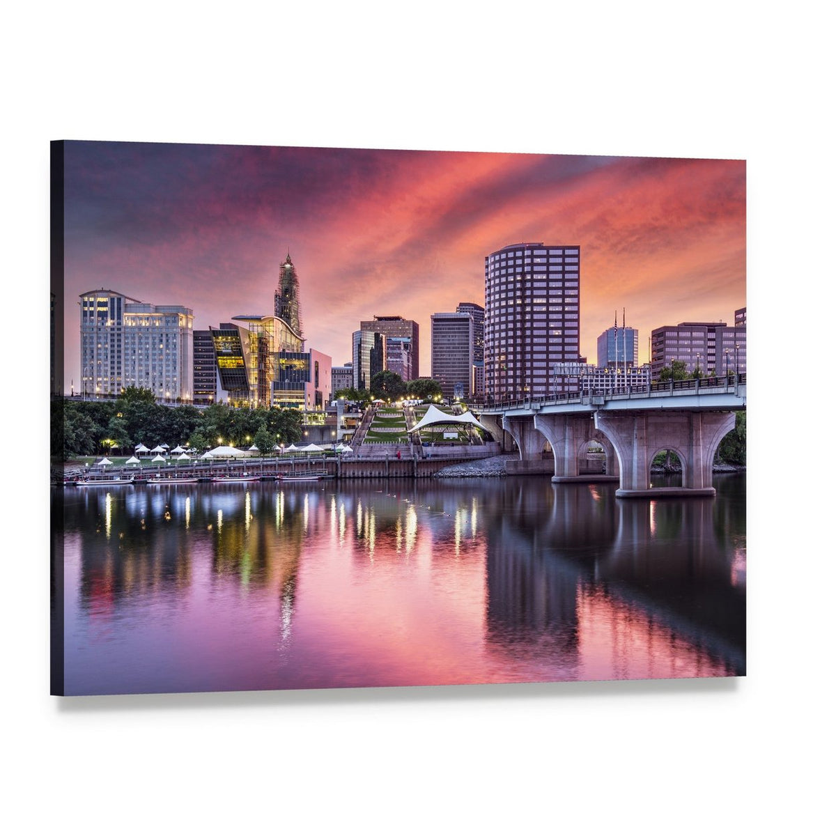 Hartford Connecticut Sunset Skyline Canvas Wall Art, single panel gallery wrapped canvas, angled product view