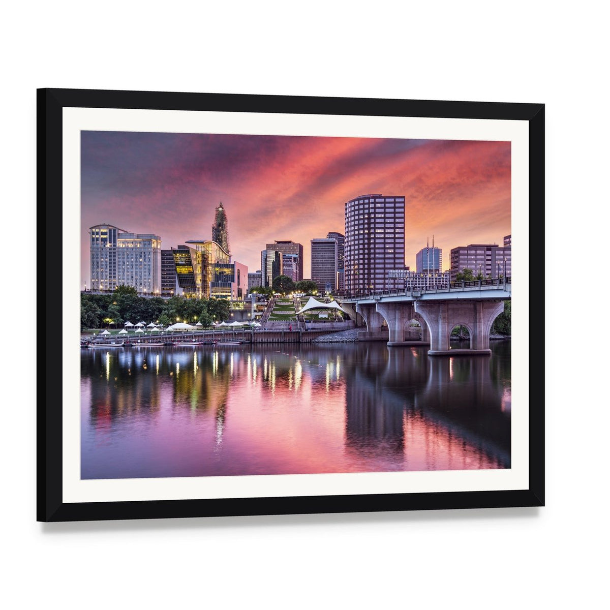 Hartford Connecticut Sunset Skyline Canvas Wall Art, framed print with white mat and black frame, angled product view