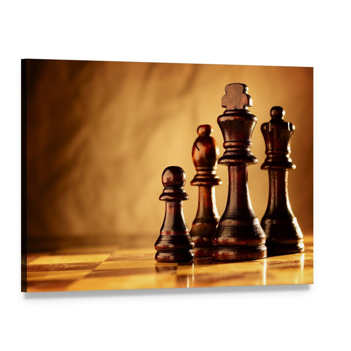 Wooden Chess Pieces in Line Canvas Wall Art, single panel gallery wrapped canvas, angled product view