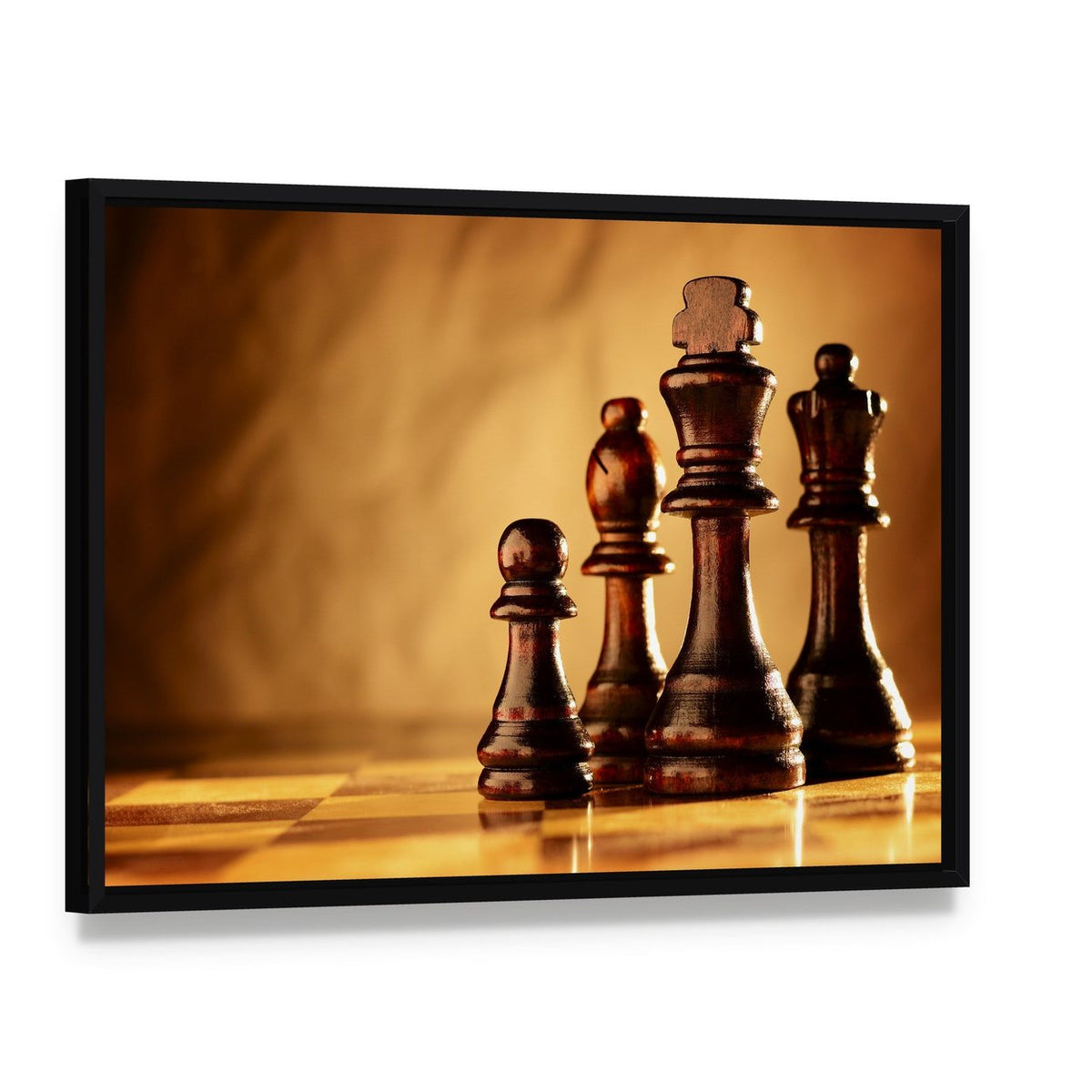 Wooden Chess Pieces in Line Canvas Wall Art, framed canvas in a black floater frame, angled product view