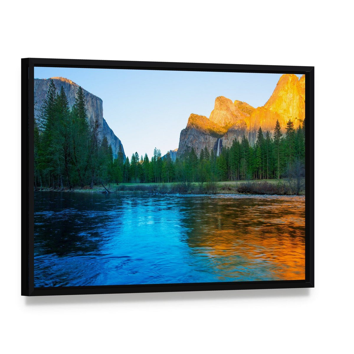 Yosemite Merced River at Sunset Canvas Wall Art, framed canvas in a black floater frame, angled product view