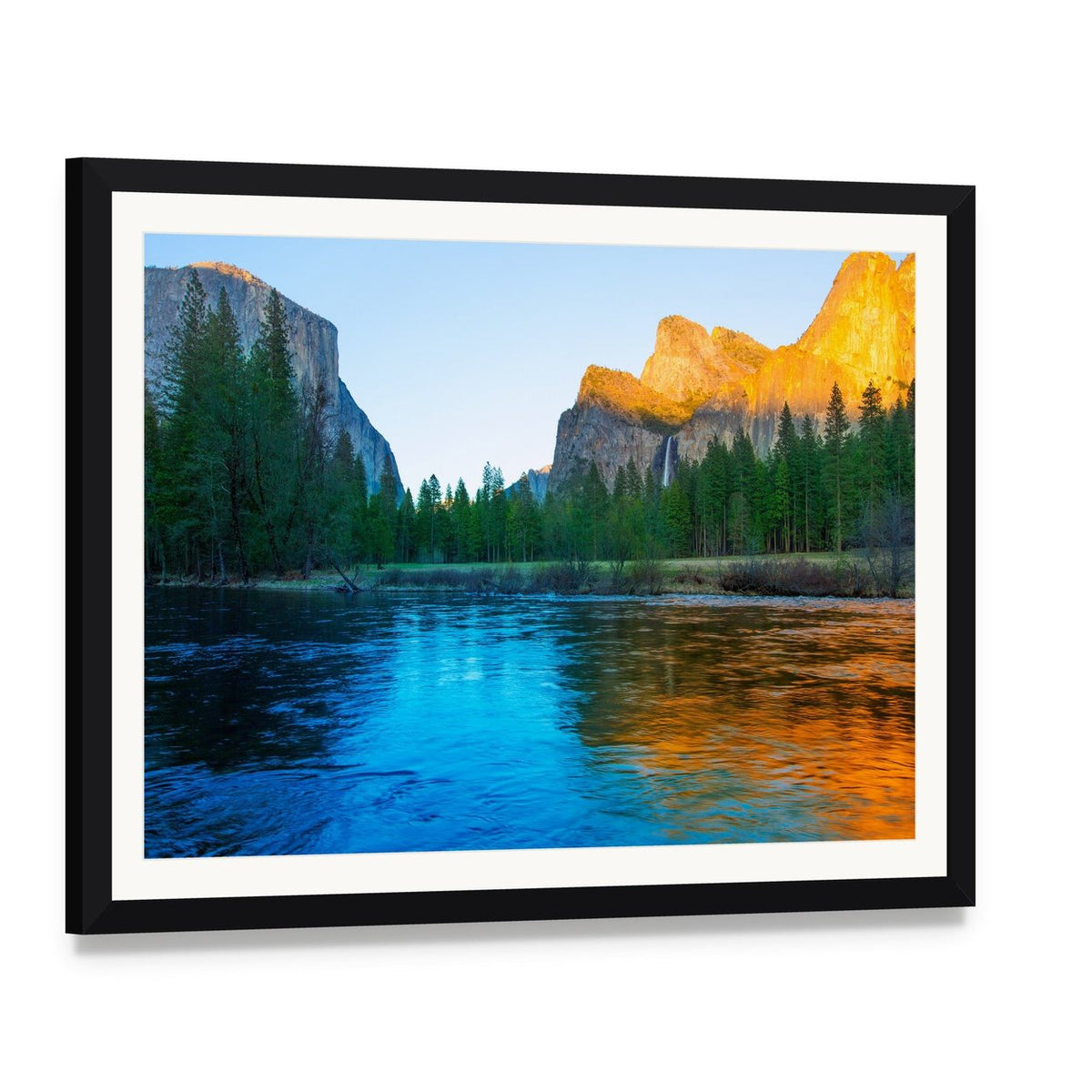 Yosemite Merced River at Sunset Canvas Wall Art, framed print with white mat and black frame, angled product view