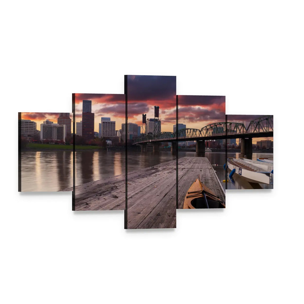 Portland Sunset Over River Skyline Canvas Wall Art, 5 panel 5 Star layout gallery wrapped canvas set, angled product view