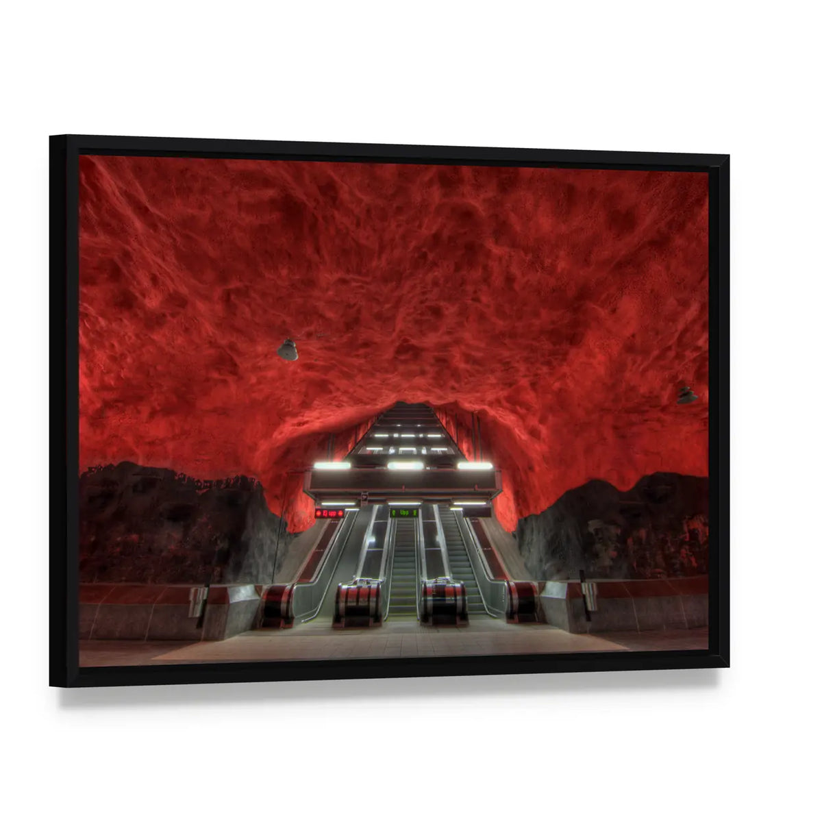 Stockholm Metro Station Interior Canvas Wall Art, framed canvas in a black floater frame, angled product view