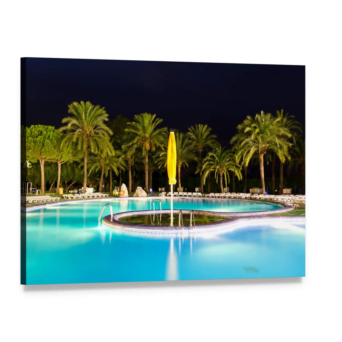 Tropical Night Swimming Pool Canvas Wall Art, single panel gallery wrapped canvas, angled product view