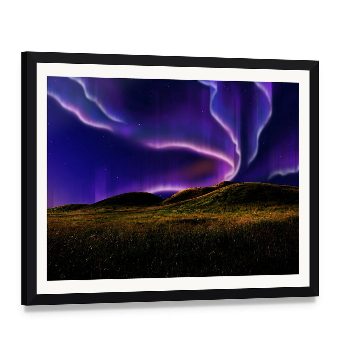 Northern Light on Silent Field Canvas Wall Art, framed print with white mat and black frame, angled product view