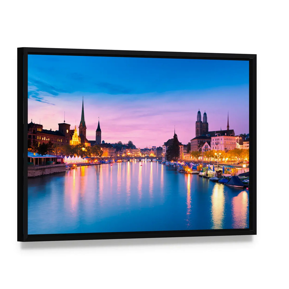 Zurich Skyline At Blue Hour In Switzerland Canvas Wall Art, framed canvas in a black floater frame, angled product view
