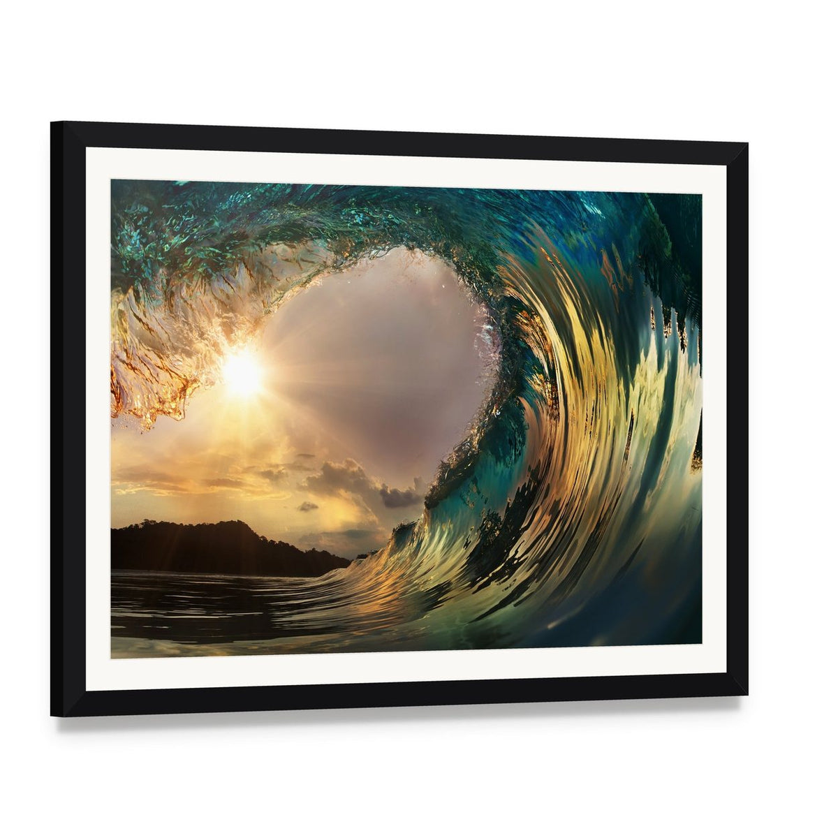 Dark Wave in Ocean Canvas Wall Art, framed print with white mat and black frame, angled product view