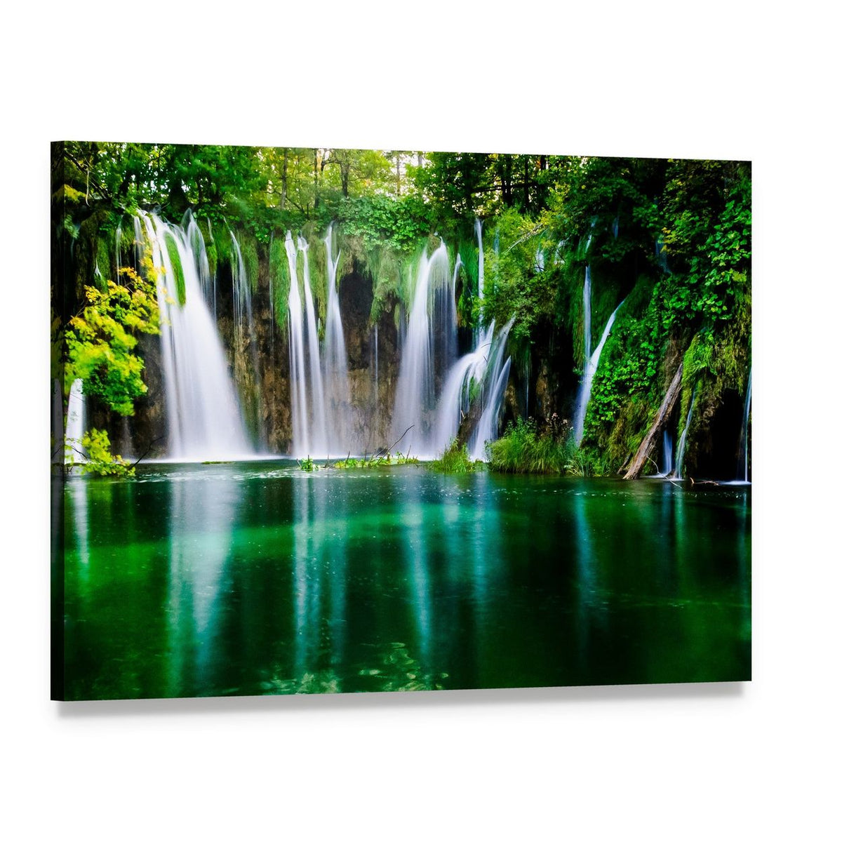 Plitvice Waterfalls and Emerald Lake Canvas Wall Art, single panel gallery wrapped canvas, angled product view