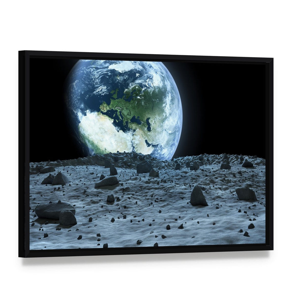Earth from Moon Canvas Wall Art, framed canvas in a black floater frame, angled product view