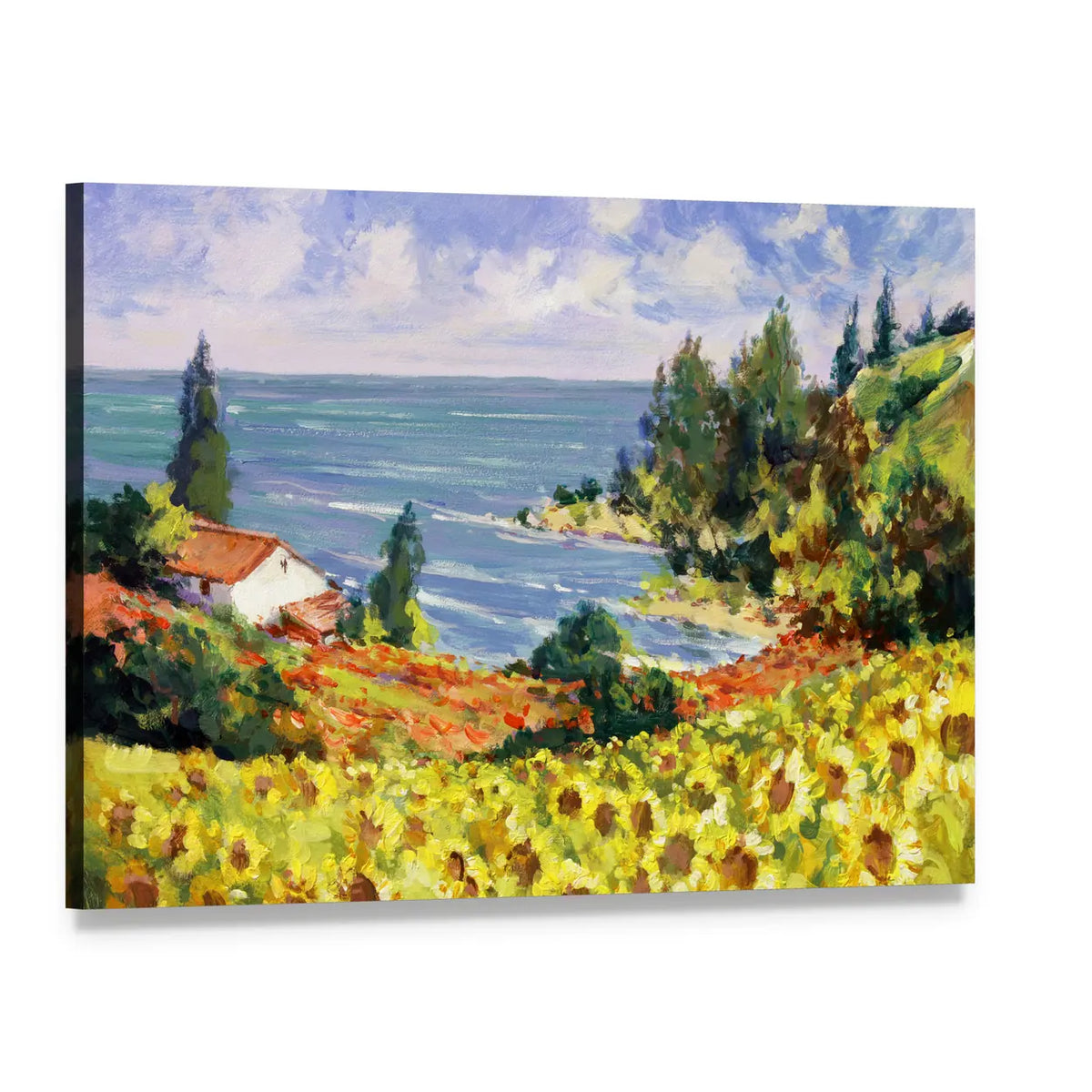 Sunflower Cottage by the Sea Canvas Wall Art, single panel gallery wrapped canvas, angled product view