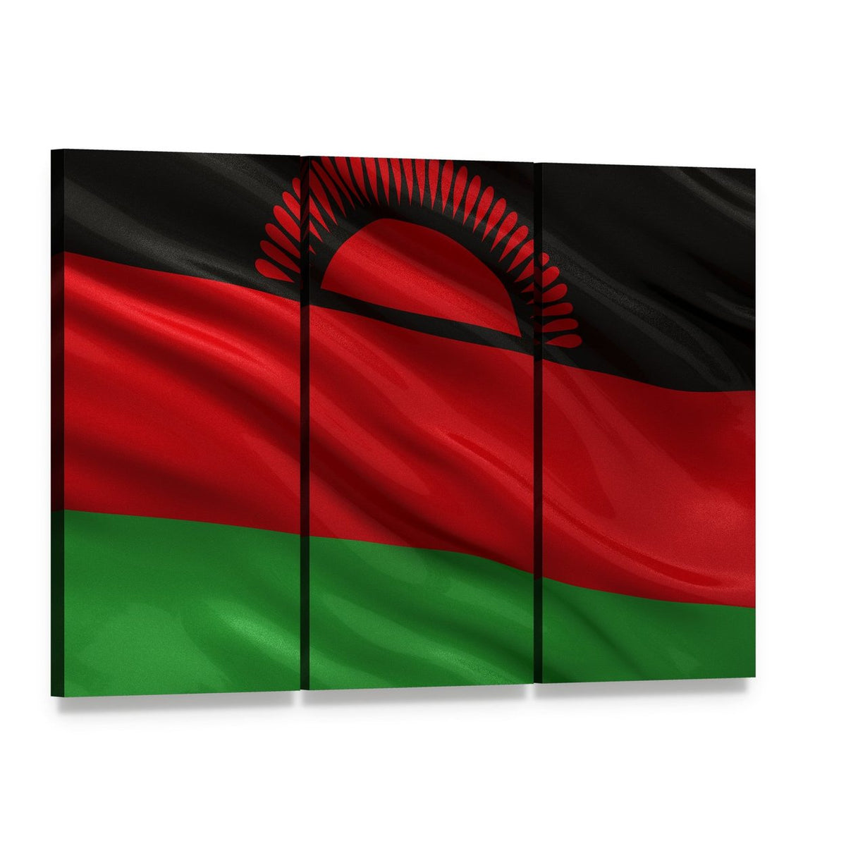 Waving Malawi Flag Canvas Wall Art, 3 panel 3 Horizontal layout gallery wrapped canvas set, angled product view