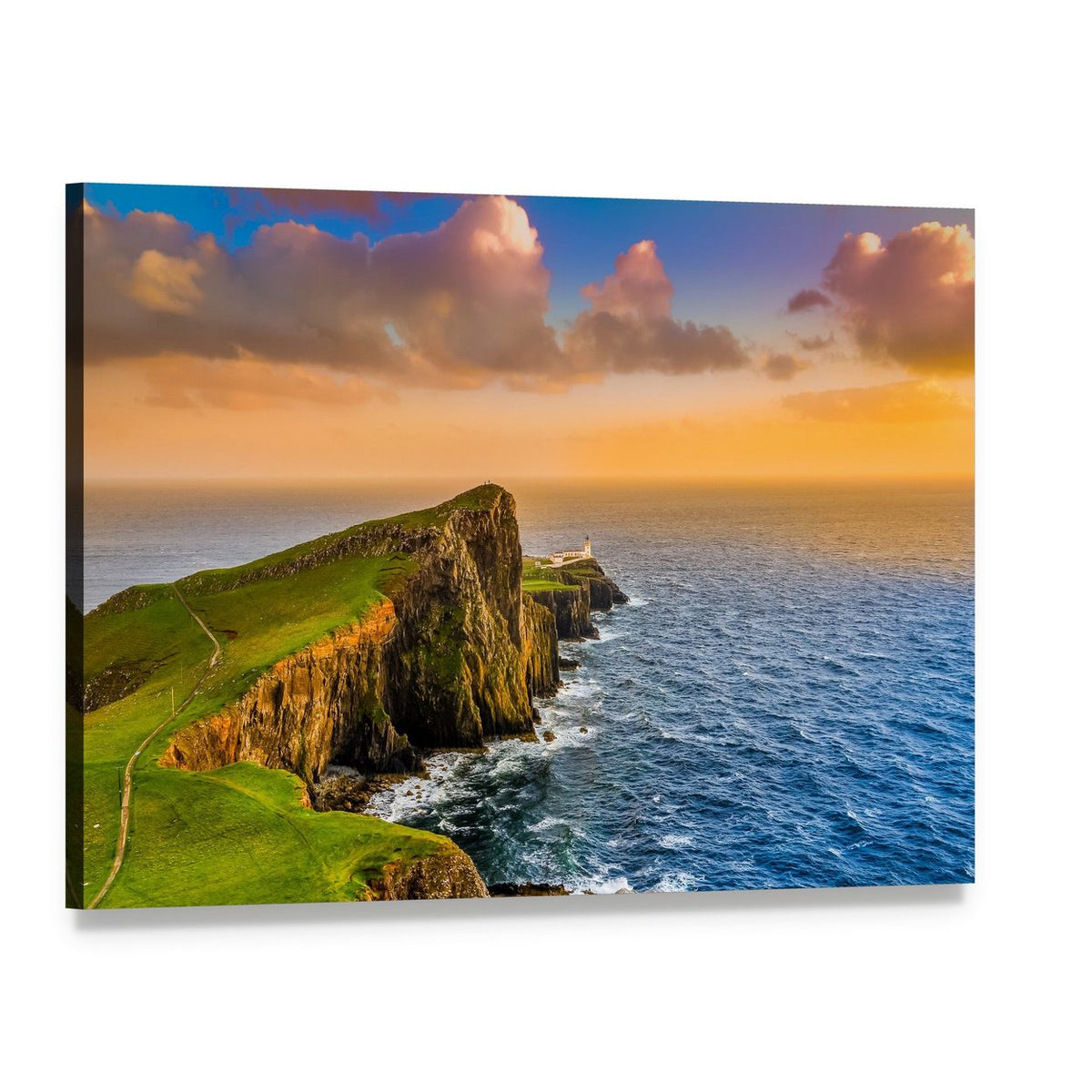 Neist Point Lighthouse at Sunset Canvas Wall Art, single panel gallery wrapped canvas, angled product view