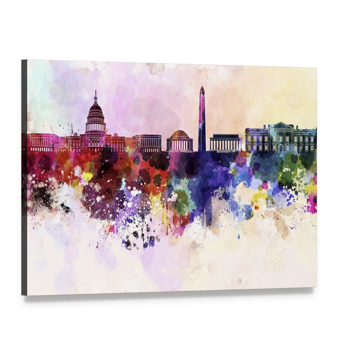 Washington Dc Skyline Watercolor Abstract Canvas Wall Art, single panel gallery wrapped canvas, angled product view