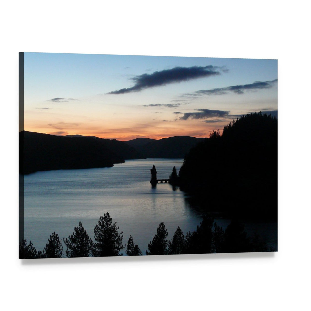 Lake Vyrnwy at Sunset Canvas Wall Art, single panel gallery wrapped canvas, angled product view